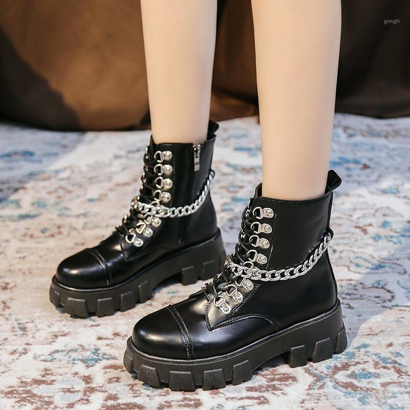

Rimocy Punk Style Metal Chain Chunky Motorcycle Boots Women Fashion Lace Up Platform Shoes Woman Patent Leather Ankle Boots Lady1, Black