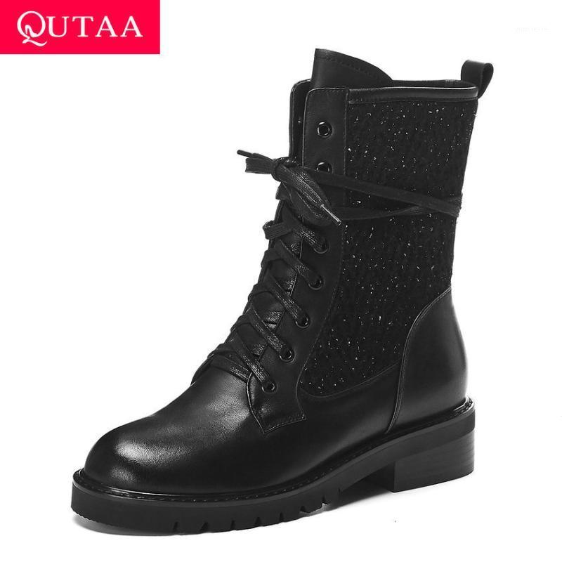 

QUTAA 2020 Casual Round Toe Warm Fur All Match Women Shoes Autumn Winter Cow Leather Cloth Lace Up Fashion Ankle Boots Size34-391, Black