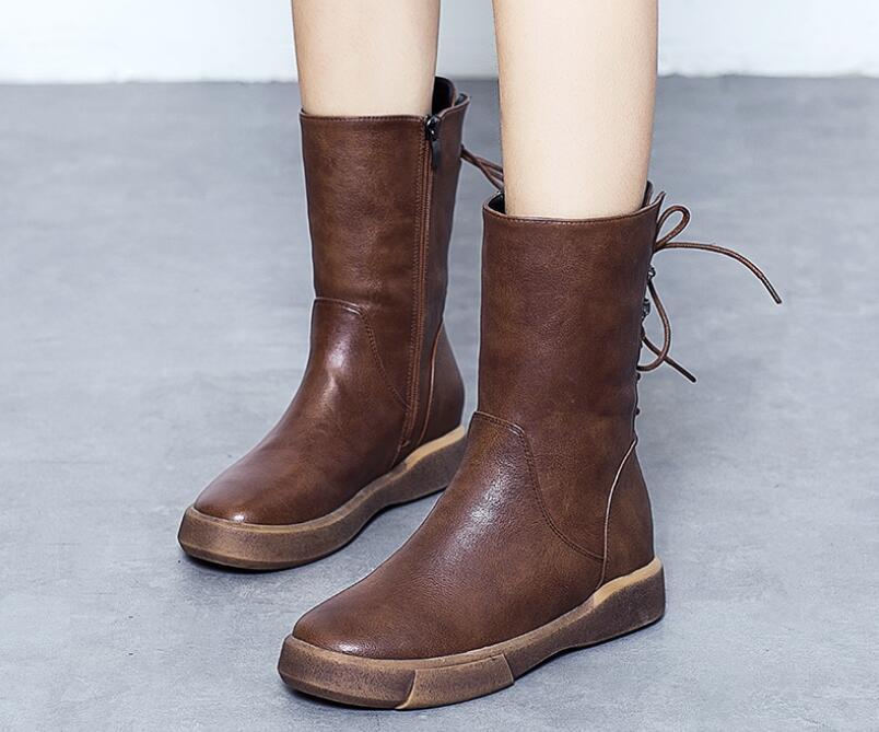 

Genuine leather lace-up high-heeled Breathable classic elegant fashion boots shose cancise pumps winter Soft and comfortable wedges women1, Black