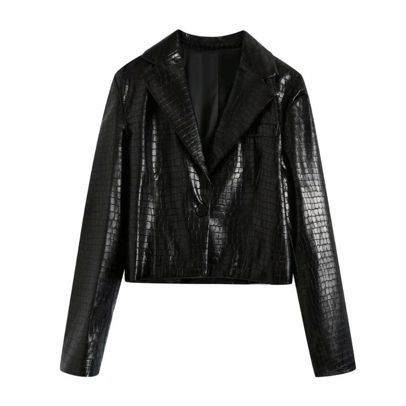 

2020 New Autumn Winter Women Faux Leather Cropped Blazer Long Sleeves Casual Fashion Chic Jacket Crop Short Coat Outerwear ZXQJ, Black