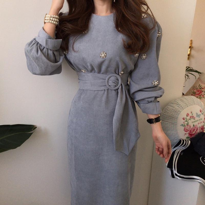 

HziriP New 2020 Spring Elegant Fashion Women Dress O-neck Beading Puff Sleeve High Waist Sashes Solid Long Dress Female Vestidos T200623, Black