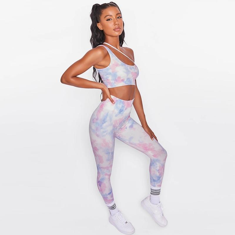 

Oblique Shouldered Yoga Set Colorful Tie-Dyed High Impact Support Tank Tops Quick Dry Moisture Wicking Leggings Tracksuits, As pic