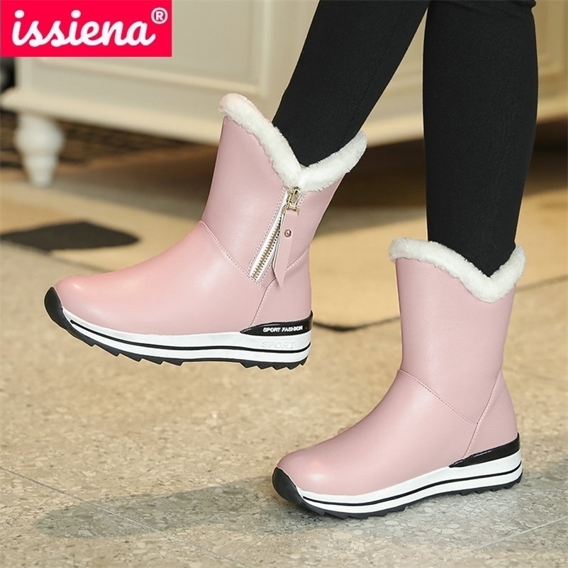 

ISSIENA 2021 Ankle Zipper Flat With Winter PU + Down Fur Snow Boys Girls Plush Keep Warm Boots Size 31-39 201222, Black