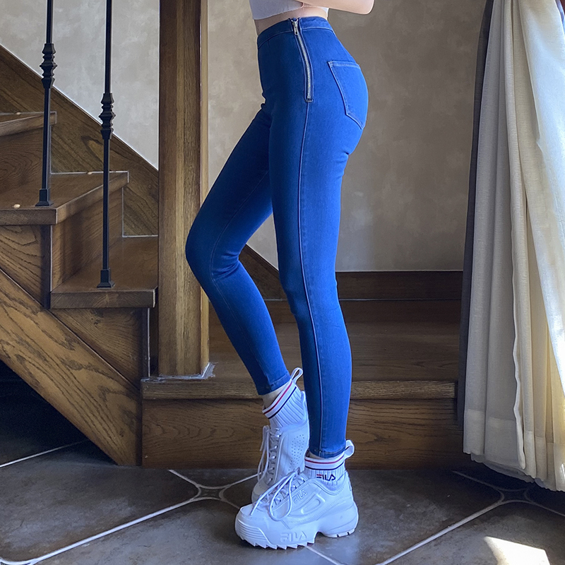 

2021 New Four Seasons Three Color Elastic Lateral Zipper Waistband Waist Sexy Woman Thin Pencil High Street Fashion All Games UDDP, Blue