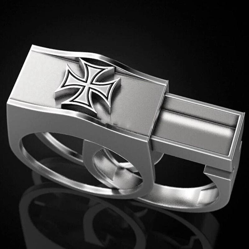 

FDLK Fashion Men's Silver Colour Cross Jewelry Secret Compartment Cinerary Locket Casket Coffin Gift Ring Hip Hop Steel Rings