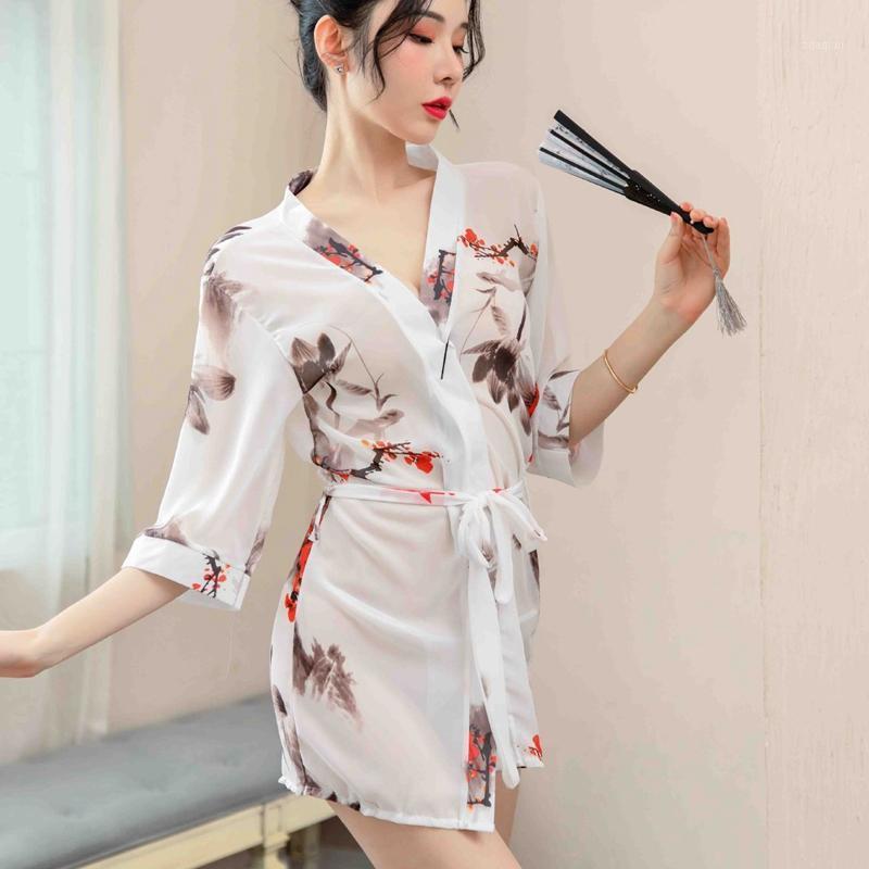 

Robes Sexy Printed Floral Lingerie Bathrobe Womens Clothing Sleepwear Kimono Nightie Chiffon Night Wear Shower robe Home Suit1, White