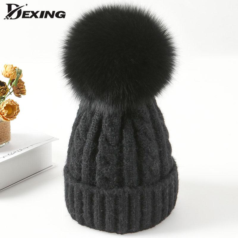 

Ladies Natural Fur Pompom Winter Hat for Women Girl Thick Wool Warm Knitted Hat Striped Skullies BeaniesKids Pom Pom, White