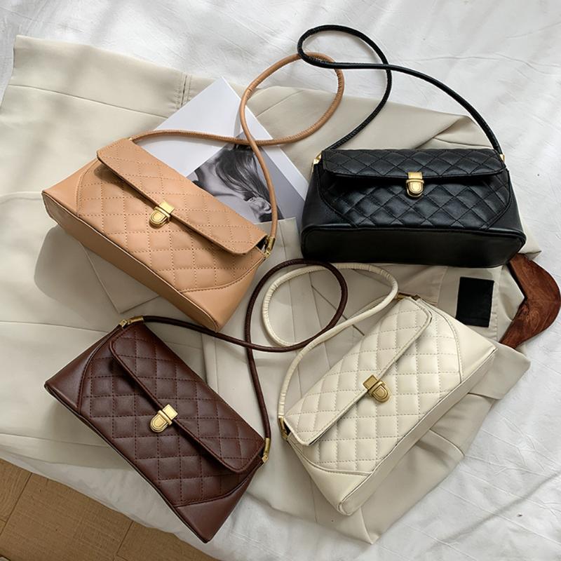 

Fashion Exquisite Shopping Bag Portable Female Lattice Pattern Shoulder Handbags Simple PU Leather Underarm Bag, Black