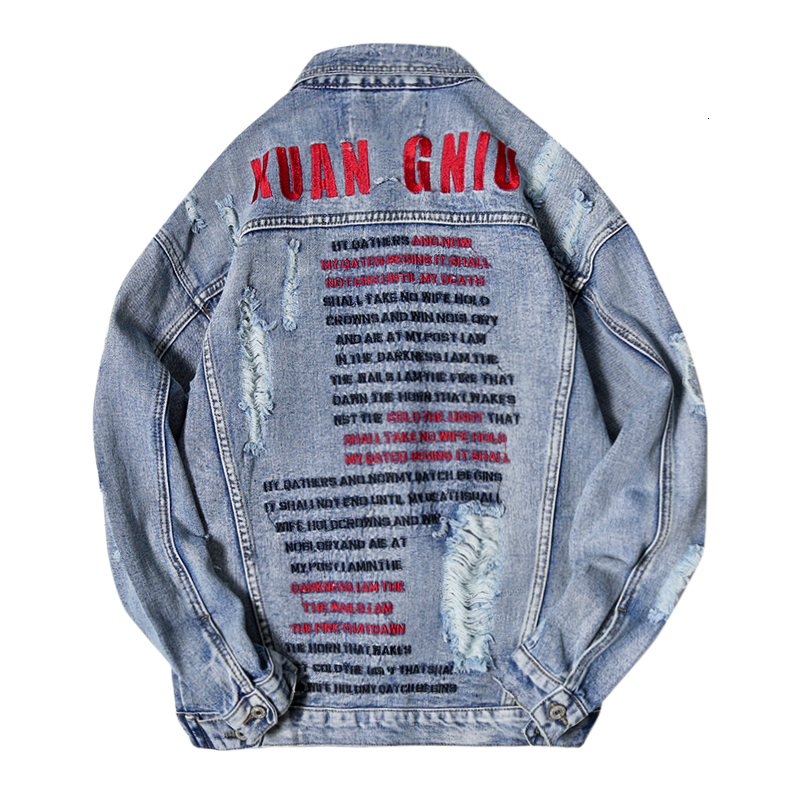 

2021 New Fashion Streetwear Retro Blue Embroidery Designer Ripped Denim Jackets Men Coats Destroyed Hip Hop Chaqueta A8uv, Retro light blue