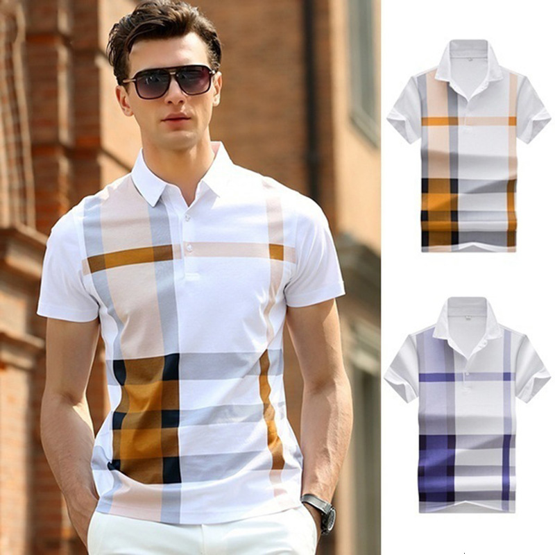 

2021 New Summer Short Sleeve Cotton Polos Male Plaid Business Casual Tops Shirts Men Lattice Print Lapel Polo Shirt Baxw, Blue