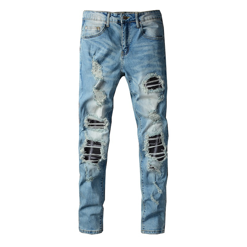 

mens jeans #663 distressed motorcycle biker jeans slim ripped hole stripe famous denim men pants jeans, Blue