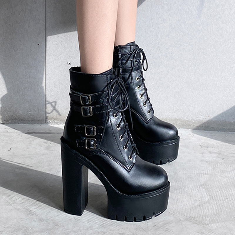 

2021 New Belts Fashionable Martin Thin Women's Shoes Lace Mujer Boots EEJR, Black