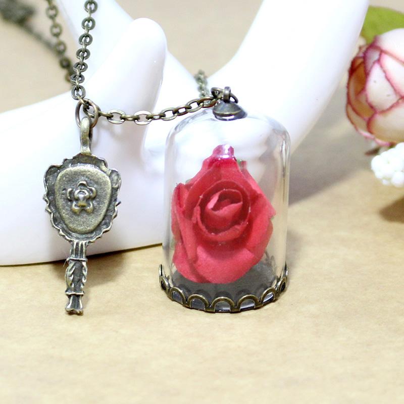 

1PC Vintage Jewelry with Bronze Plated little Prince Dried Rose Flower Glass Wish Bottle Pendant Necklace for Women