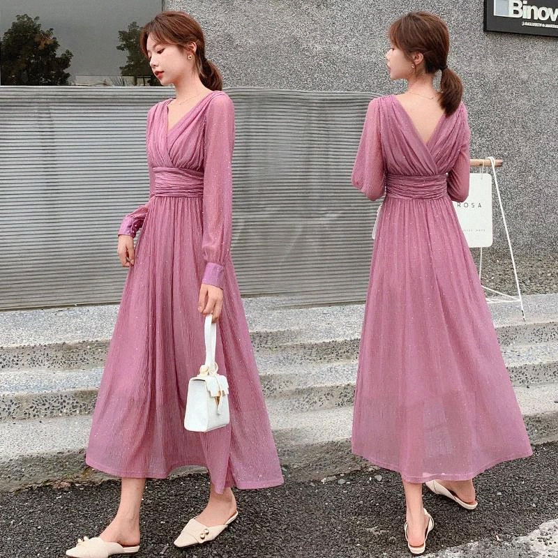 

Charm color spring and autumn French simple lady temperament dress Slim slimming V-neck high waist holiday dress long skirt #Br2u, Black;gray