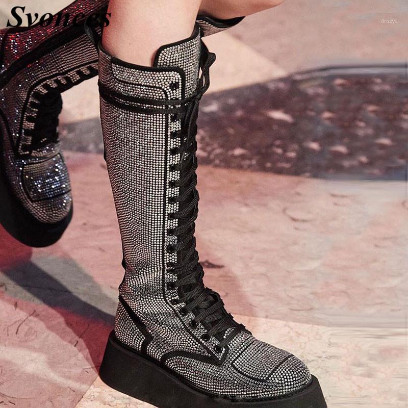 

Shiny Full Crystals Women Knee High Boots Laces Flat Platform Glatiator Boots Sexy Lady Ridding 2020 Fall Winter1, Black