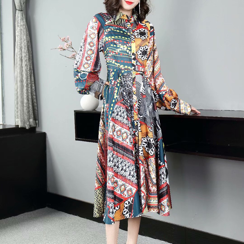 

2021 New Autumn Vintage Style Unique Impression Breasted Sleeves Elegant Temperament Fine Dress Long Women's Clothes Idl0, Multiple