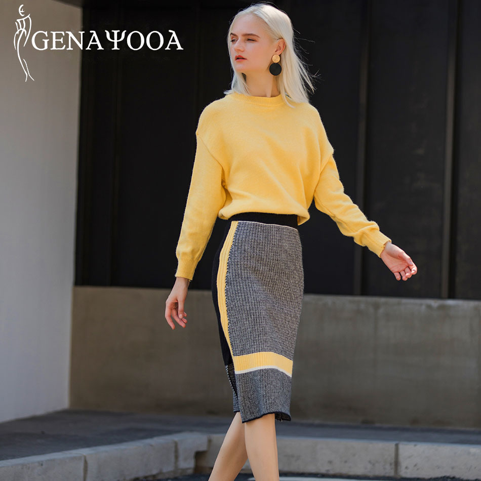 

Genayooa High Quality 2 Piece Set Women Knitted Vintage Two Piece Suit Striped Femlae Suits Elastic Skirt Set Winter 201130, Yellow