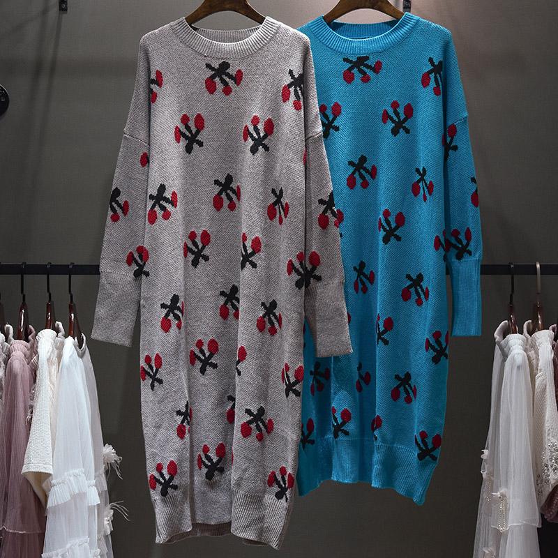

Oversized Sweater Dress for Women Winter Clothes 2020 High Street Fashion Long Sleeve Cherry Pattern Loose Long Knitted Dress, Blue
