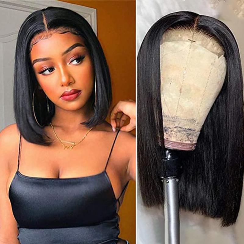 

Bob Staright Lace Front 150% Human Hair Wigs Pre Plucked Remy Hair With Bangs, Natural color