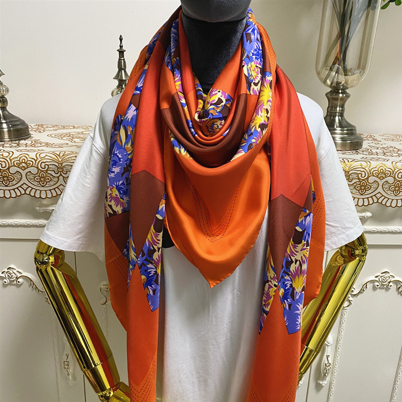 

New style women's square scarf scarves good quality 100% twill silk material orange color pint flowers pattern size 130cm - 130cm