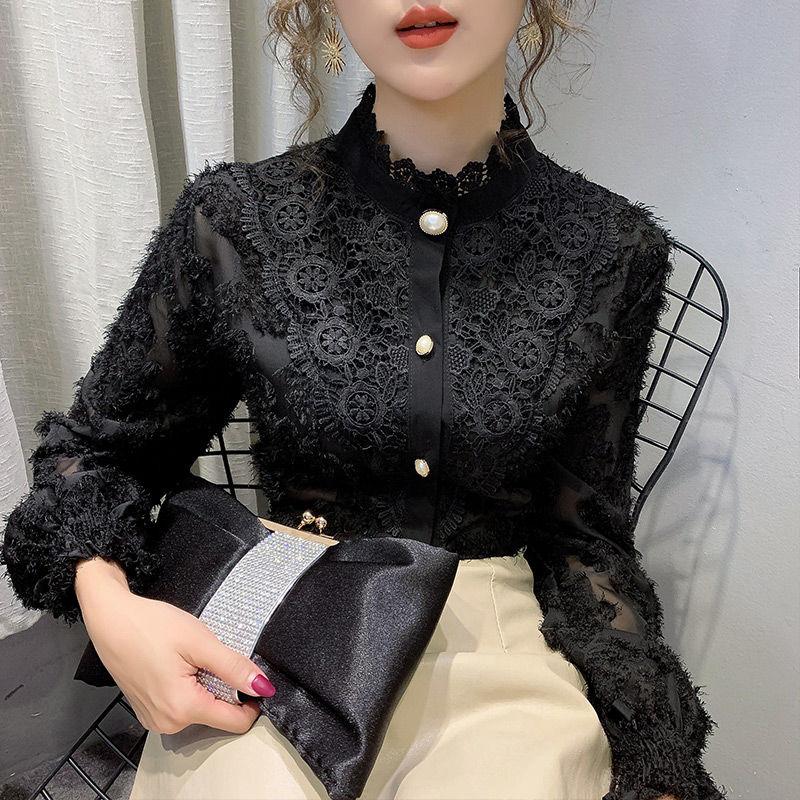 

2021 New Spring Autumn Women Fashion Elegant Lace Hollow Out Long Sleeve Shirts Female Korean Solid Femininas Blouse Tops Z10, White