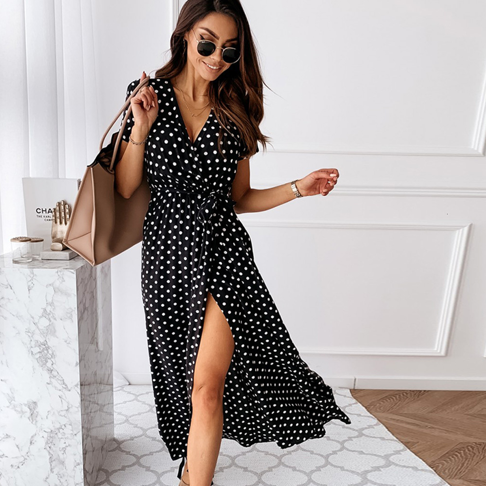

2021 New Women Sexy v Neck Belted Polka Dot Wrap Midi Short Sleeve A-line Summer High Split Bohemian Beach Long Vestidos Nwb6, Wd060bk