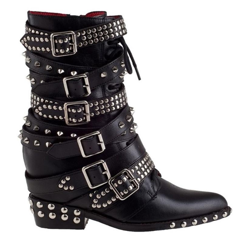 

100% Real Leather Buckle Strap Rivet Motocycle Ankle Boots Women Punk Pointed Toe Lace Up Wedge Boots Black