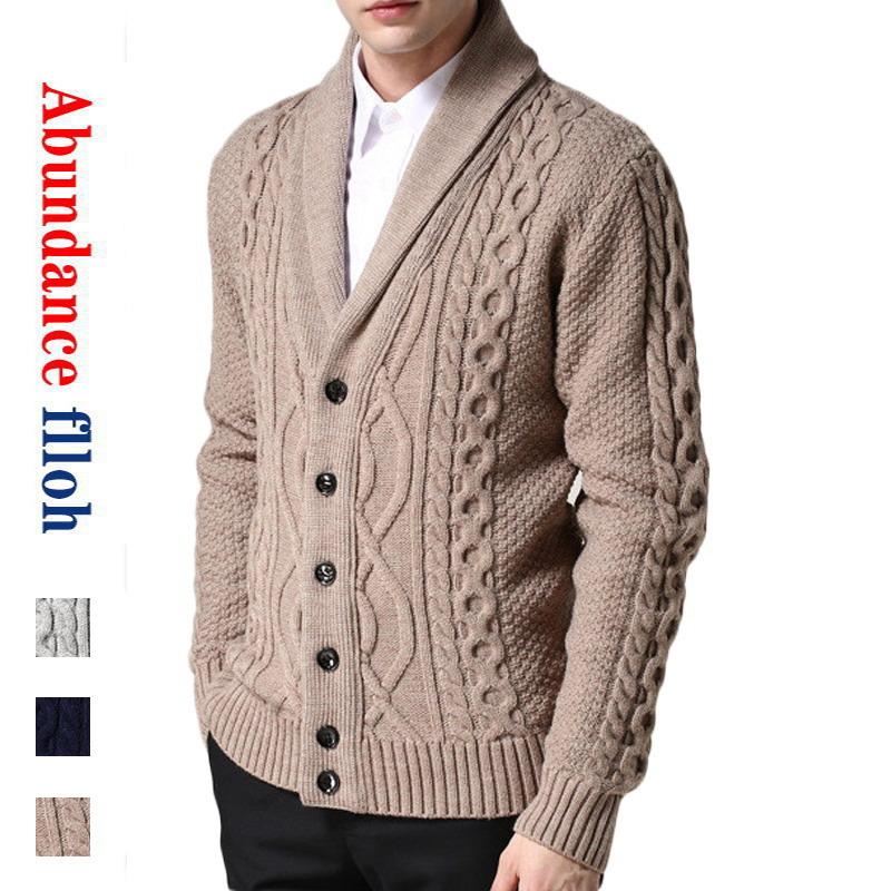 

High-Quality American Men's Retro Coarse Twist winter Thickened Wool Blend Classic V-Neck Cardigans Knit Sweaters Coat 15032, Khaki