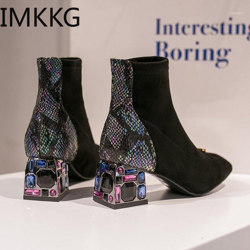 

Women Winter Warm Work Russian Sexy Snakeskin Ankle Boots Thick High Heel Woman Colorful Rhinestone Glitter Black Short Booties1