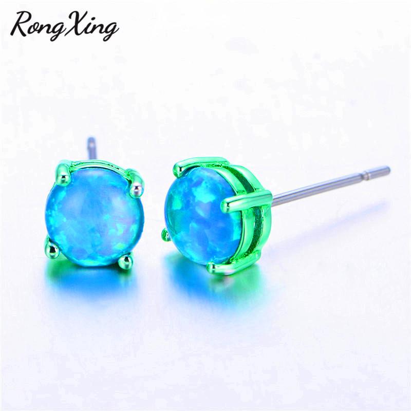 

RongXing Punk Vintage Green Gold Filled Blue Fire Opal Stud Earrings For Women Men Jewelry Engagement Promise Earrings Ear0695