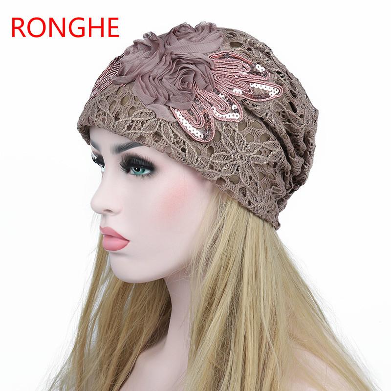

RongHe 2020 Lace Floral Lady Caps Beanies Autumn Winter Sequins Thin Mesh Hats Fashion Cap Turban Hat Women Party Skullies Caps, Black