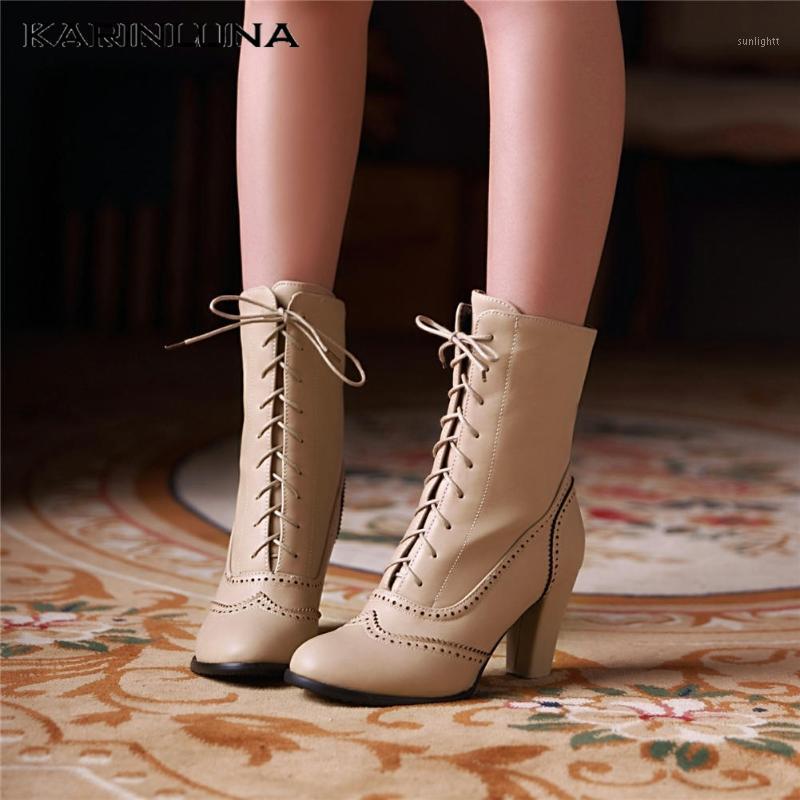 

On Sale Plus Size 43 Lace Up High Heels Vintage Brogue Ankle BOOT Winter Boots Women Shoes Women1, Beige