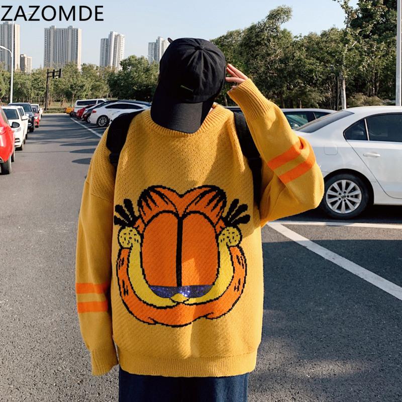 

Hong Kong Style Ins Round Neck Sweater Men 2020 New Korean Cartoon Bottoming Shirt Couples Youth Loose Knit Sweater, 9087brown