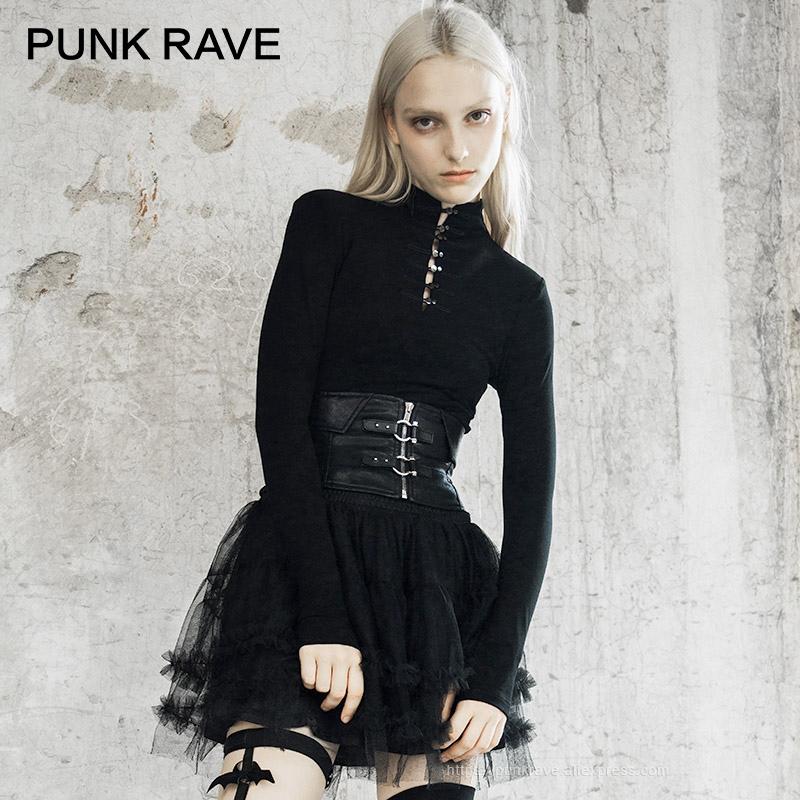 

PUNK RAVE Girl's Punk Long-sleeved Black T-shirt Gothic Daily Slim High Collar Women Knit Bottoming Shirt
