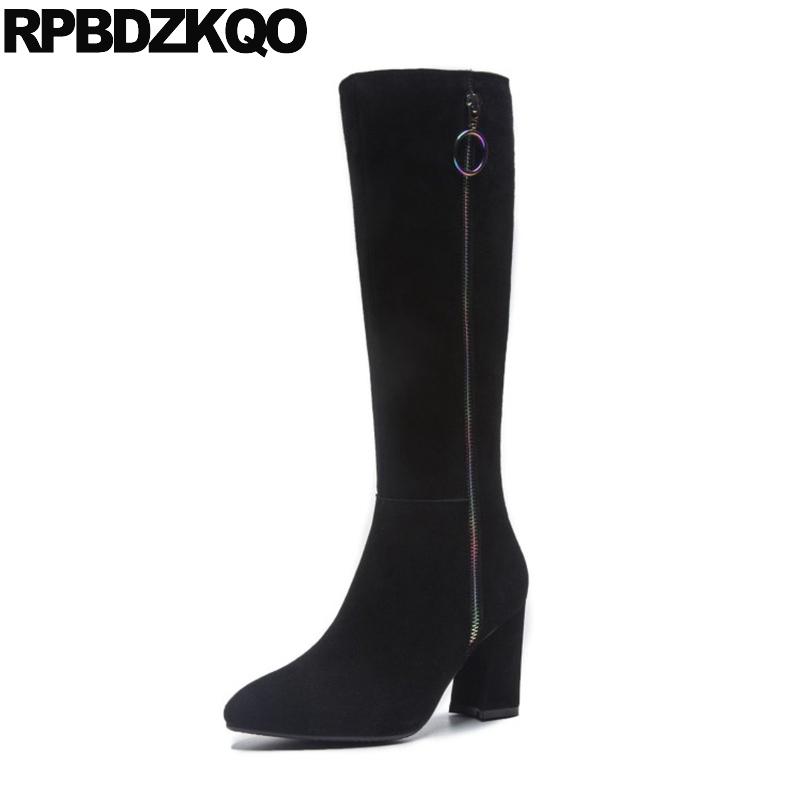 

side zip boots high heel fashion big size suede plus genuine leather winter shoes knee chunky 41 fur black women pointed toe