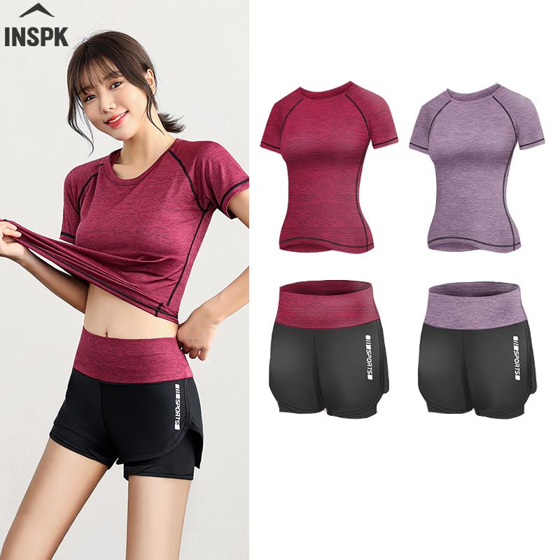 

Women High-waisted Sport Shorts+ T Shirt, Elasticated Fitness Yoga Clothes Sets 2 Piece Gym Set For Push Up Running Training, Blue