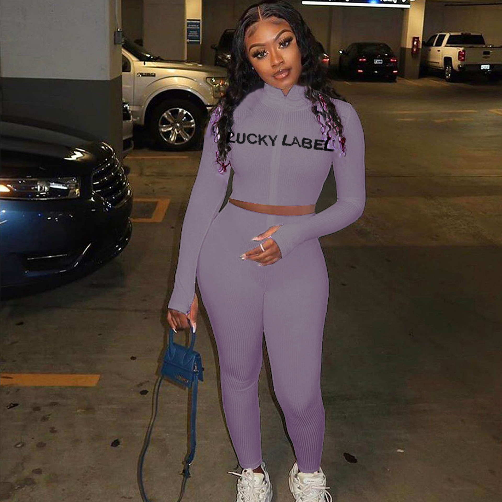 

Women Sexy Clothing Set Nightclub High Neck Embroidery Letter Printed Two Pieces Womens Fashion Zipper Sport Suits 2020 New Wholesale, Black