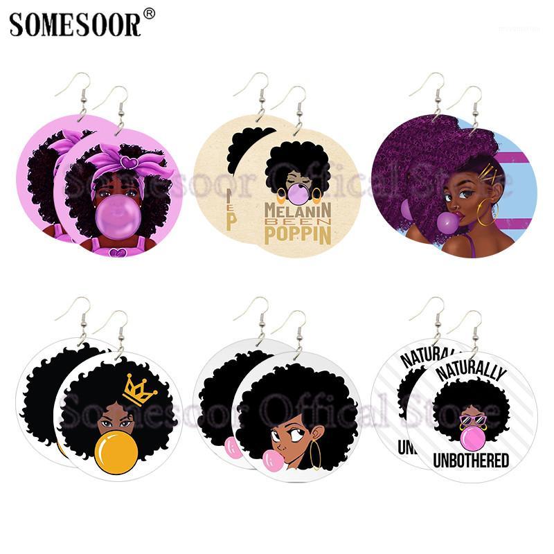 

SOMESOOR Lovely Black Girl Bubble Gum Printing African Wooden Drop Earrings Big Curly Hair Art Afro Natural Wood For Women Gifts1