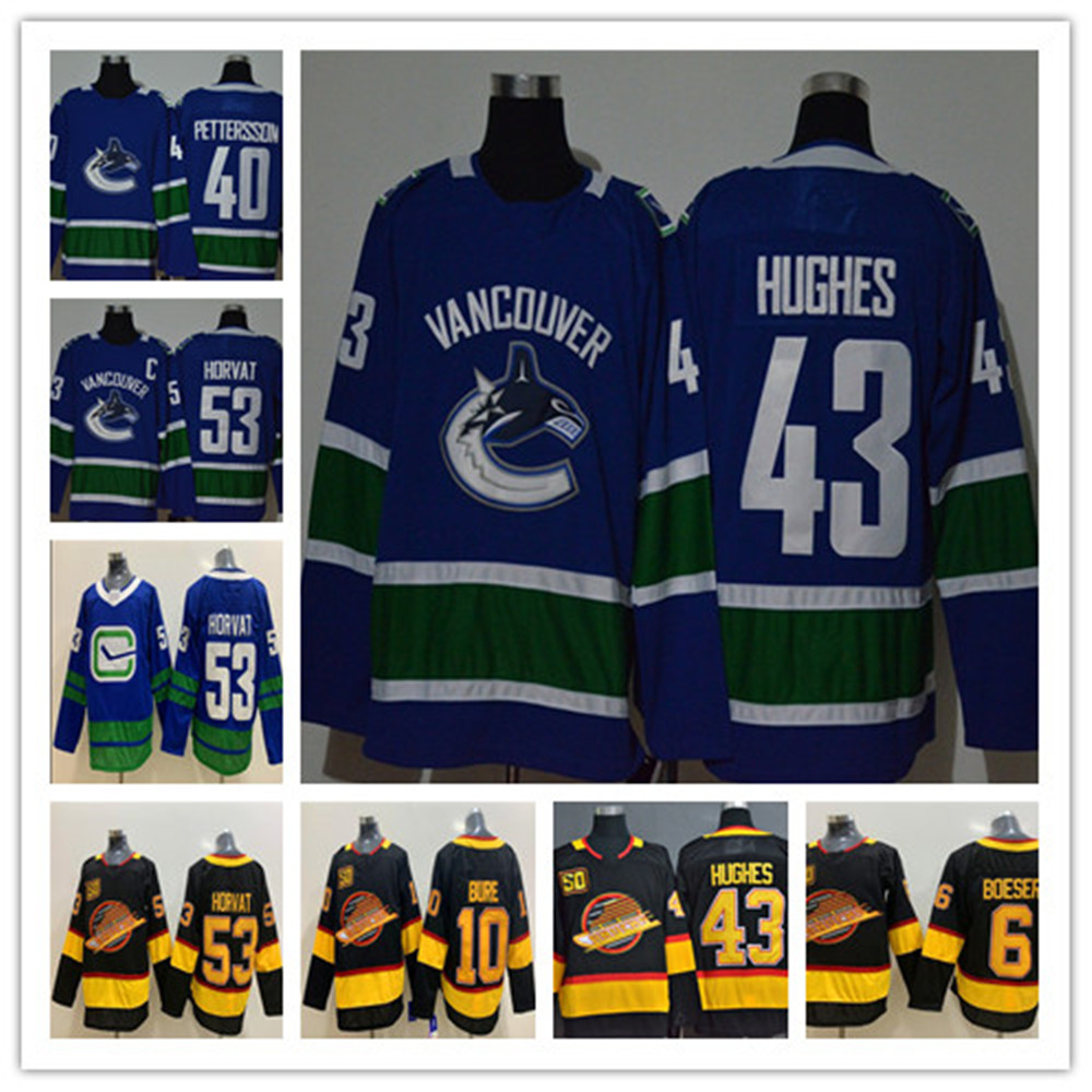 

New 43 Quinn Hughes Vancouver Canucks 50th Braden Holtby Bo Horvat Brock Boeser Elias Pettersson Tyler Toffoli J. T. Miller Sedin Jersey, Black;red