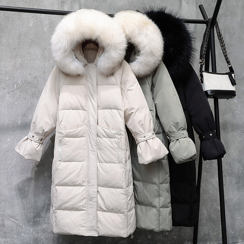 

2021 New Winter of Women White Duck Down Warm Thick Jacket Great Fur Collar with Female Hood Parka Coat M404 3T8R, Beige