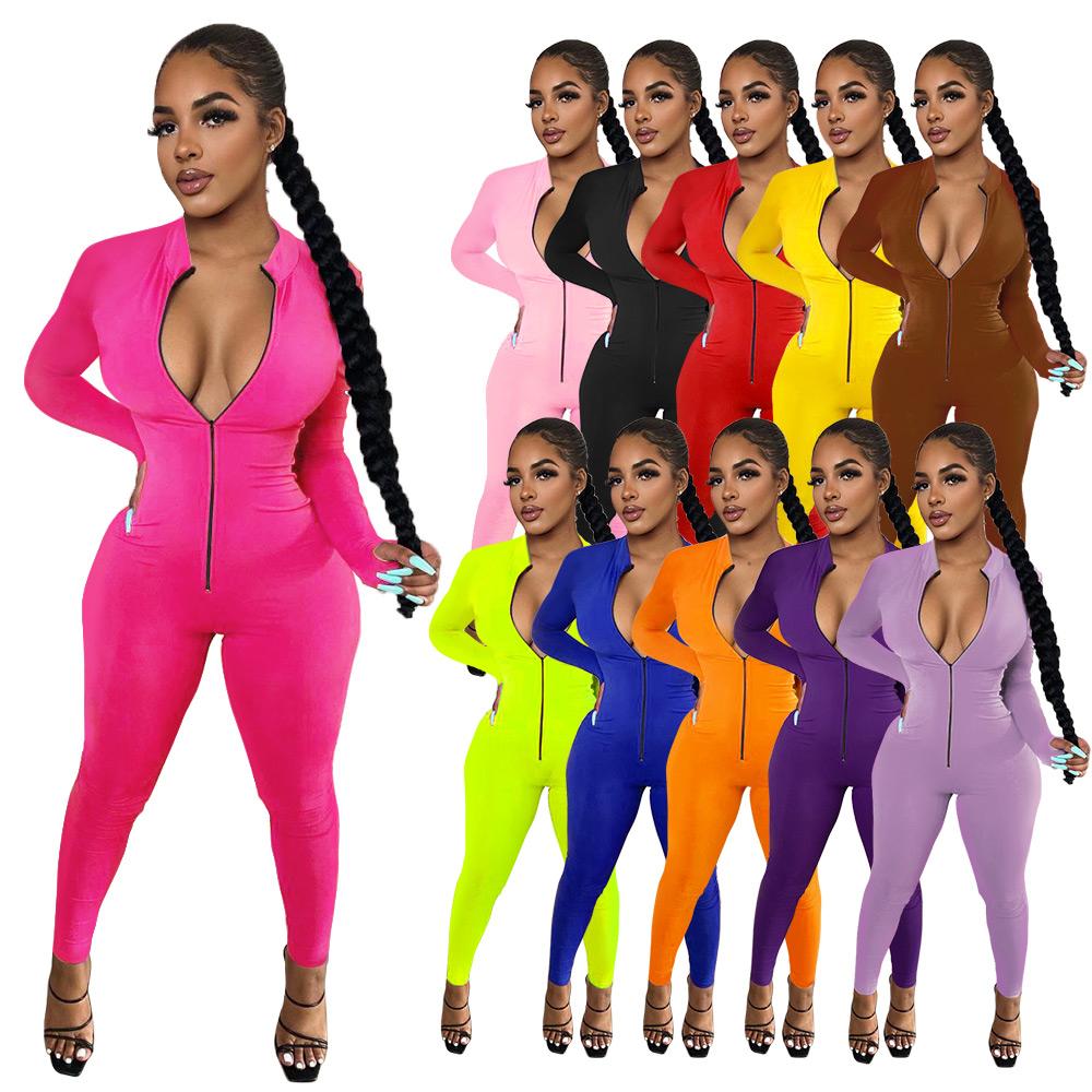 Women Sexy Jumpsuit Solid Color Long Sleeve Fingers Bodysuit Fashion Slim Ladies Zipper Rompers 11 Colours Size S-5XL New-image-601347955