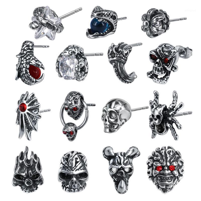 

Stud ZS Punk Rock 316L Stainless Steel Earrings For Men 2 Pcs Hip Hop Skull Earring With Red CZ Stone Male Biker Gothic Jewelry1