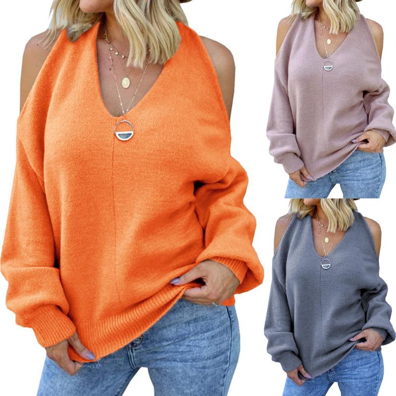 

Women V-neck Off Shoulder Knitted Long-sleeved Fashion Loose Cross-wrapped Chest Open Back Sweater Casual Pullover, Pink