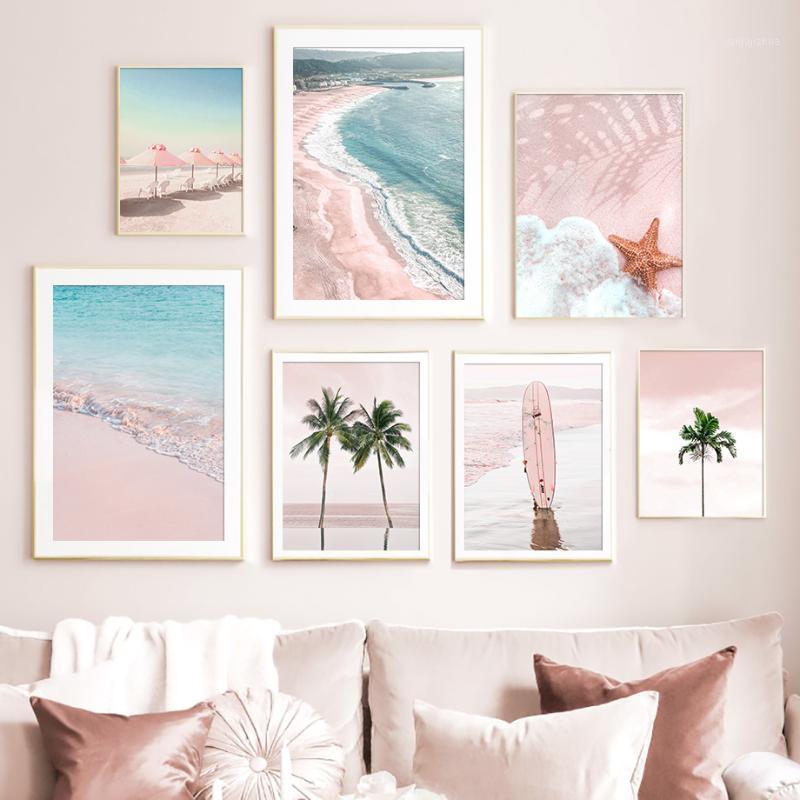 

Pink Beach Surfboard Parasol Coconut Tree Wall Art Canvas Painting Nordic Posters And Prints Wall Pictures For Living Room Decor1