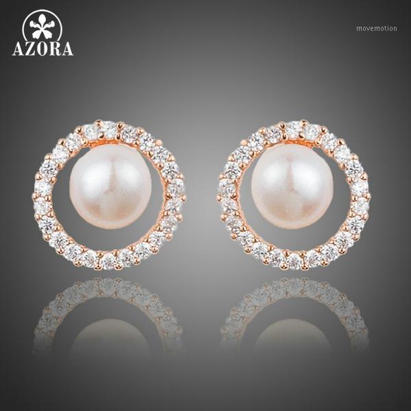 

AZORA Noble Shaped Imitation Pearl Stud Earrings Serround One Row Rose Gold Color Jewelry TE02121