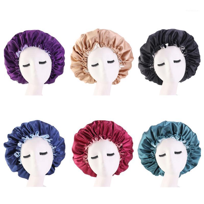 

Women Reversible Satin Night Sleep Hat Elastic Double Layer Adjustable Cap Hair Loss Curly Springy Hair Styling Cap Big Beanies1, Black