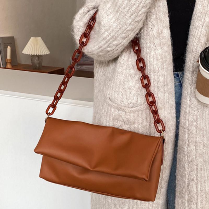 

Vintage Solid Women's Bag Messenger Acrylic Chain Women's Shoulder Bag High Quality Pu Female Bags Casual Bags For Women 2021, Black