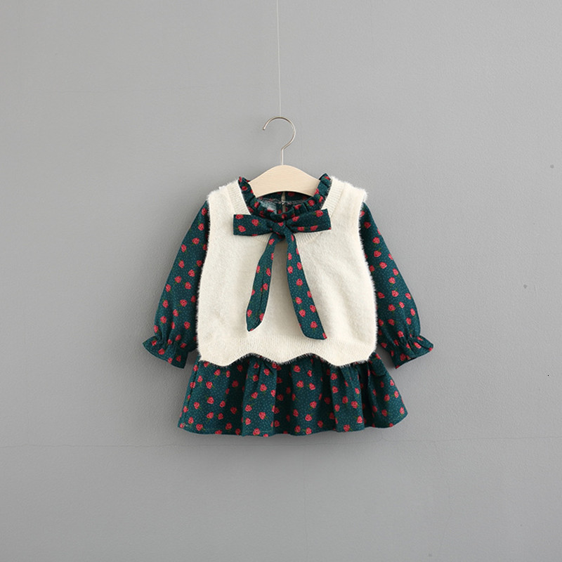 

2021 New Sets Children Clothing Autumn Fashion Style Girls +sweater Vest 2pcs Suit Baby Kids Clothes with Big Bow 0-4y Zq4j, Green
