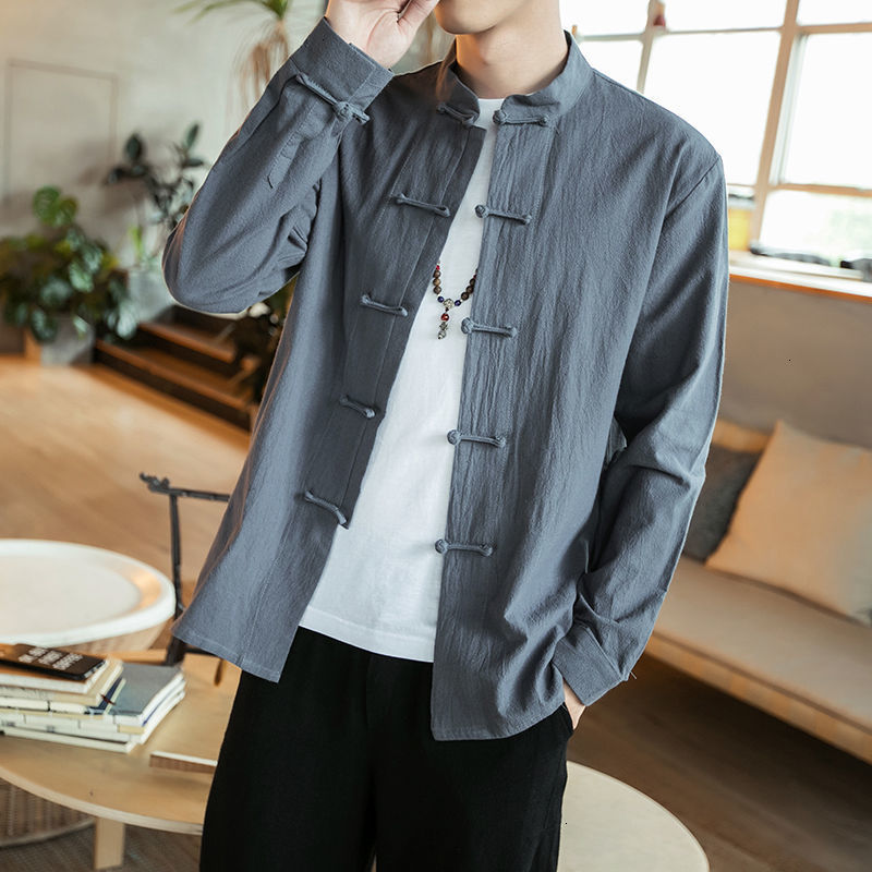 

New Men's Chinese Style Shirt Solid Color Long Sleeve Woman Shirts 2021 Fashion Casual Oversize Male Clothing 4y9h, Qinggrey