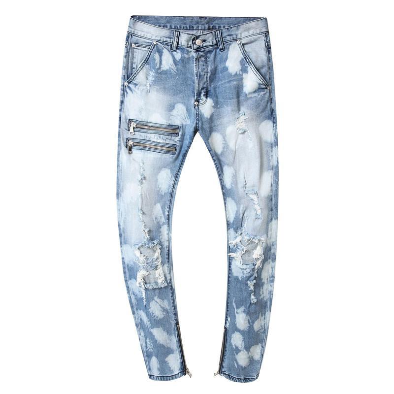 

2020 Men's Painted Holed Ripped Jeans Trendy Streetwear Skinny Slim Stretch Denim Pants Male Blue Cotton Classic Biker Jeans